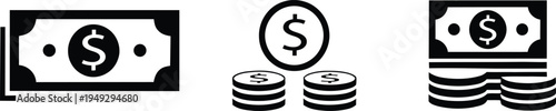 Financial icons including dollar bill coin and cash stack
