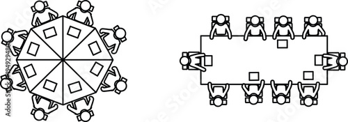 Top view outline icons of business people sitting at round and rectangular tables for office meetings conferences and team collaboration