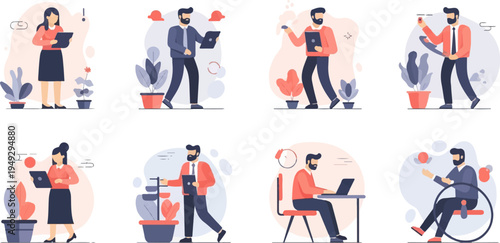 Collection of diverse individuals engaged in work-related activities with modern office elements