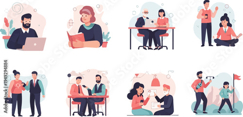 Colleagues collaborating in diverse workplace scenarios, including meetings and outdoor activities