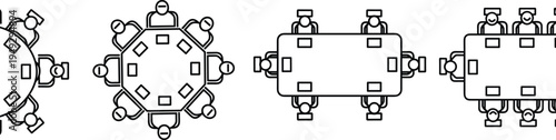 Top View Line Art Vector of People Sitting at Round and Rectangular Conference Tables for Office Meeting Room Furniture Layout