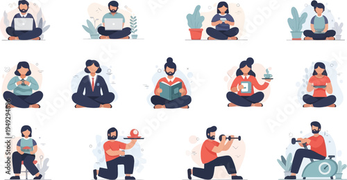 Collection of diverse people engaged in various activities, including work, leisure, and fitness