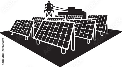 Vector illustration of solar panels on a black surface with a power transmission tower in the background isolated on white