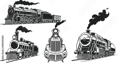 Vintage Steam Train Locomotive Vector Illustration Set Featuring Retro Railway Engines with Smoke on Tracks for Antique Transport Design Elements