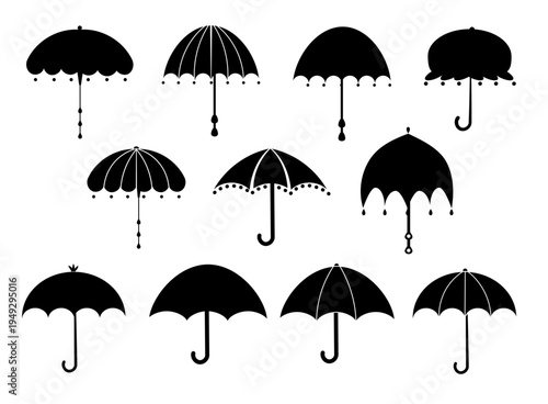 Vintage umbrella silhouettes set, decorative rain umbrella collection, elegant retro parasol icons isolated vector