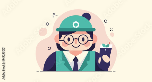 Cheerful person with glasses and hat holding a drink with leaves