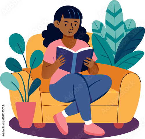 Konstfotografi cozy home lifestyle, girl reading book on sofa with plant decoration, flat vecto