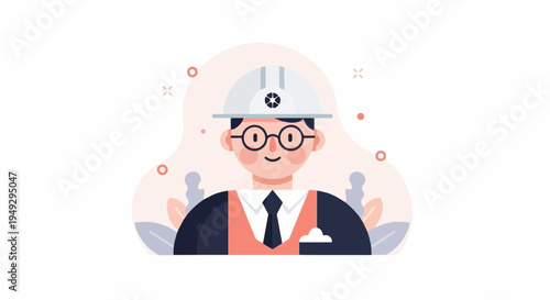 Cheerful engineer wearing a hard hat, glasses, and a vest