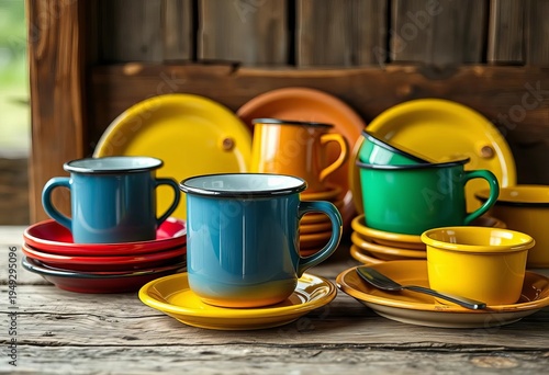Vibrant enamelware camping mugs, plates, bowls in a rustic setting,   sunset,   river