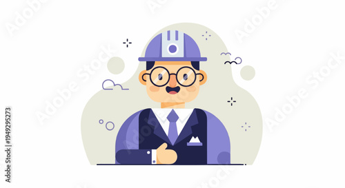 Cheerful engineer with hard hat and glasses gives thumbs up in flat style