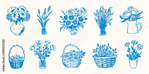 Collection of blue line art floral bouquets and arrangements