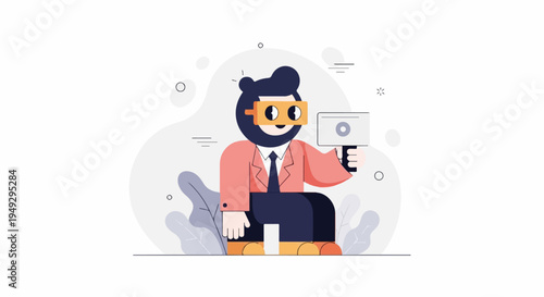 Cheerful figure with VR goggles and camera, surrounded by abstract shapes and plants