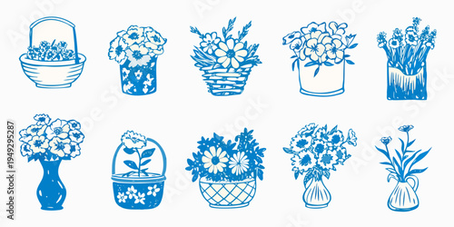 Collection of blue sketch floral arrangements in various vases and baskets