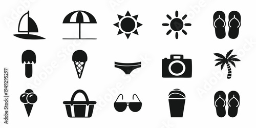 Black silhouette icons representing various summer and beach related objects
