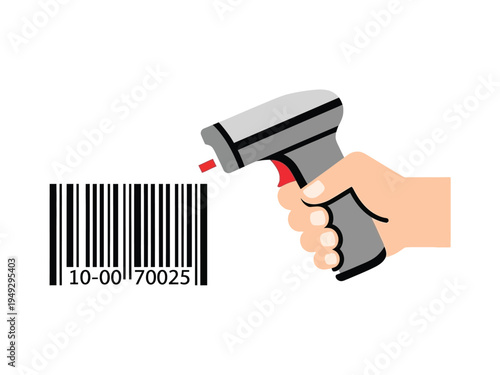 Hand holding barcode scanner reading product code.