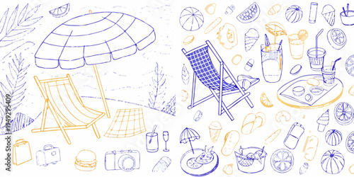 A colorful sketch depicting various summer vacation and beach items