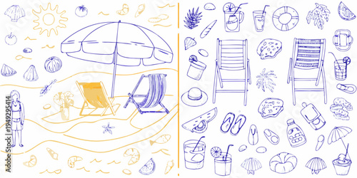 Hand drawn summer doodles featuring beach items and vacation essentials