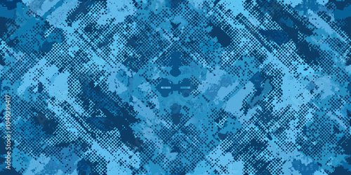 Abstract blue camouflage pattern with a central symmetrical design