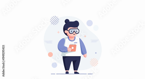 Cartoon scientist in goggles holds tablet, surrounded by abstract shapes
