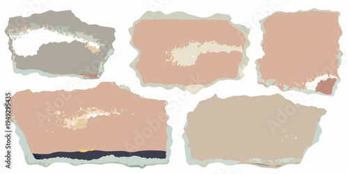 Torn paper pieces with varied colors and distressed edges displayed together