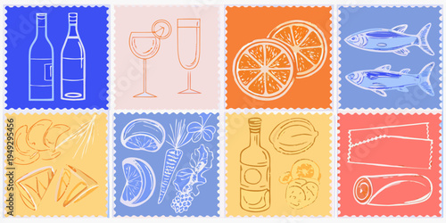 Nine square illustrations depicting various food and drink items