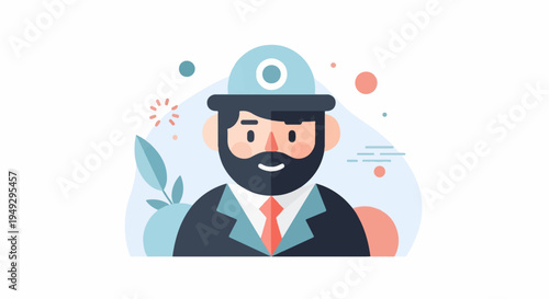 Cartoon professional with beard, wearing hard hat, suit, and tie
