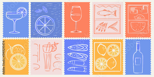 A collection of nine illustrated postage stamp style images with varied themes