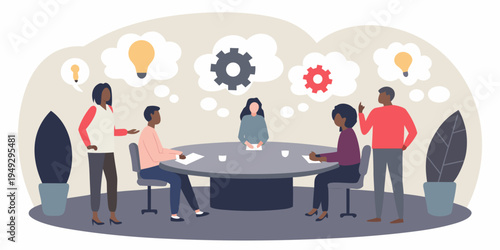 Diverse team collaborating around a table with brainstorming ideas above