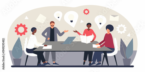 Diverse team collaborating around a table with ideas and discussion