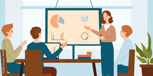 A businesswoman presents data charts to a small group of attentive colleagues