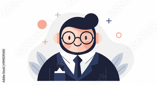 Cheerful, formally dressed character with glasses and a neat hairstyle