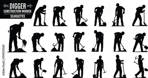 Construction worker digger silhouettes collection, laborers digging with shovel and pickaxe poses set, manual labor construction activity silhouettes isolated for industry design
