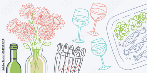 A colorful illustration depicts a dinner setting with flowers and food