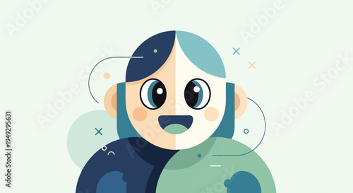 Cheerful geometric portrait with split hair and round features