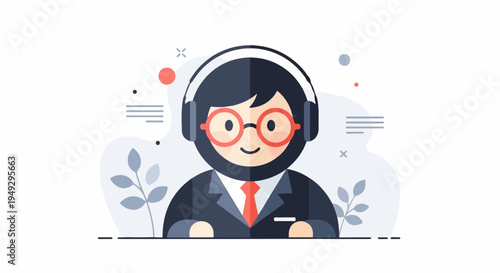 Cheerful person with headphones and glasses in a suit