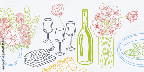 A colorful still life featuring flowers wine glasses food and fish