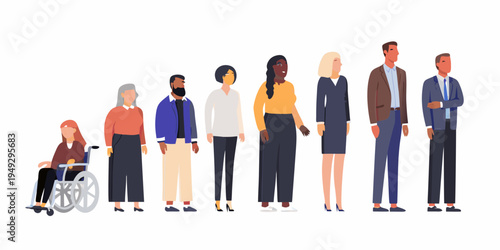 Diverse group of people standing together in a flat illustration style