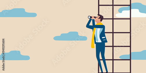 Man using binoculars to look into the distance with a ladder