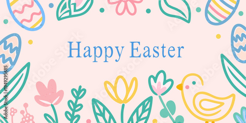 A colorful easter illustration with flowers eggs and a cheerful chick