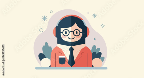Cheerful person with headphones and glasses, in business attire
