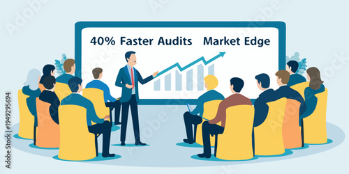 Business presentation showing growth with an audience attentively listening