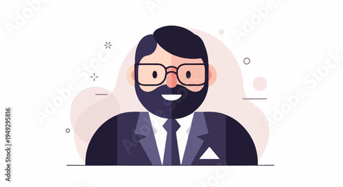Cartoon portrait of a man with beard, glasses, and suit