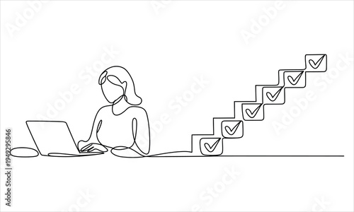 A woman works on a laptop while a continuous line forms a staircase with checkmarks symbolizing progress