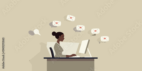 Woman working on a computer overwhelmed by numerous email notifications