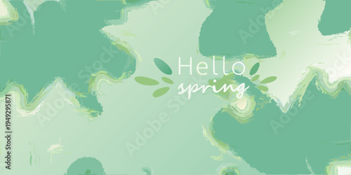 Abstract watercolor background with hello spring text and leaf accents