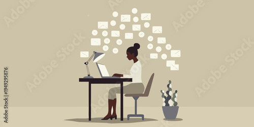 Woman working on a laptop surrounded by floating email icons