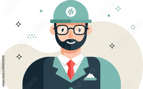 Cartoon portrait of a man in a hard hat and suit with a beard and glasses