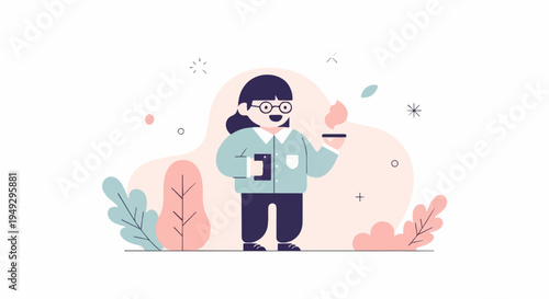 Cheerful person in stylish outfit holding phone, enjoying a treat