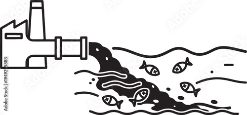 Factory Wastewater Pollution Line Icon – Industrial Pipe Contaminating River with Dead Fish