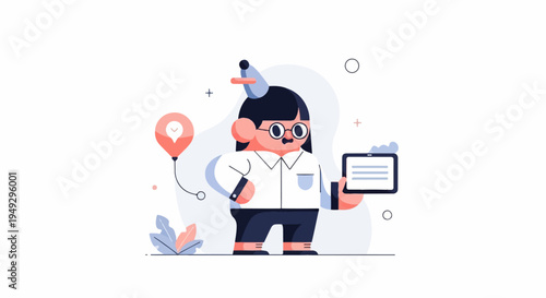 Cheerful character in festive hat holding tablet with digital display